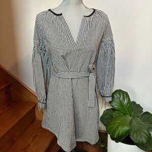 Topshop Black and White Gingham Wrap-Style Long Sleeve Dress